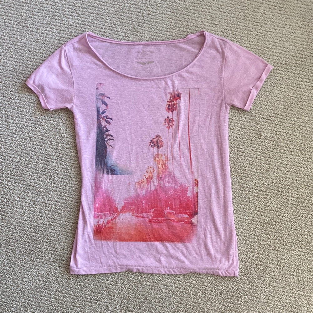 American Eagle Pale Pink Boat Neck Graphic T-Shirt Oversized Linen Blend GUC